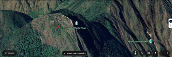 aerial view and satellite image of Machu Picchu, Peru