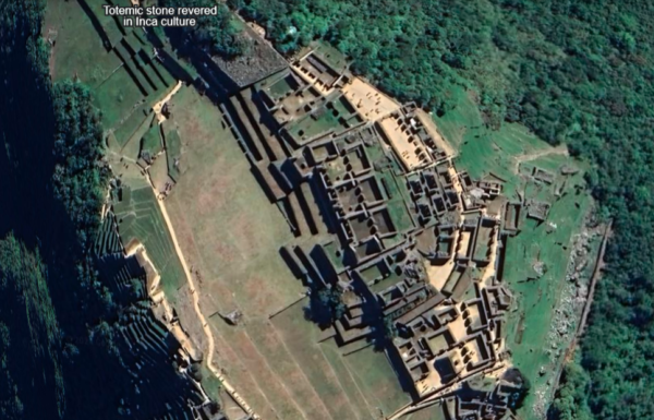 aerial view and satellite image of Machu Picchu, Peru