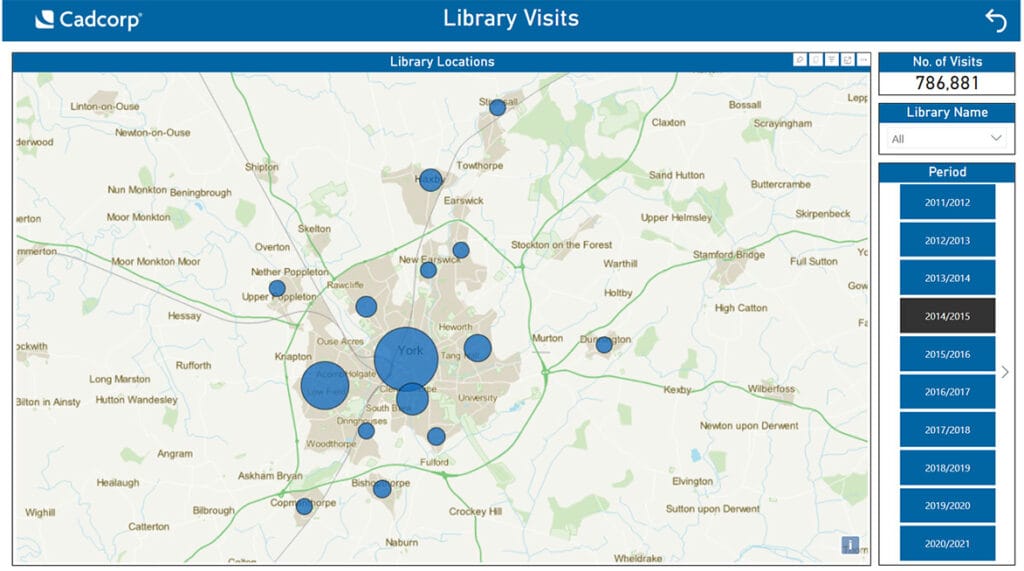 Cadcorp web map showing library locations as proportional circles with visit counts by period