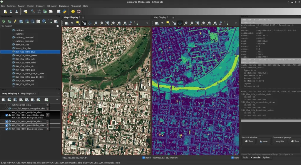 GRASS GIS software showing satellite imagery beside a classified raster with the layer manager