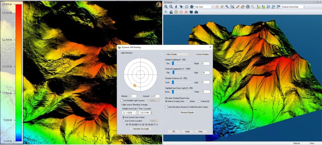Global Mapper GIS software showing 3D colored terrain models and the dynamic hill shading dialog