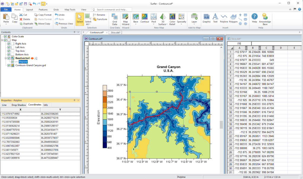 Golden Software Surfer showing a Grand Canyon contour map with elevation legend and XYZ data worksheet
