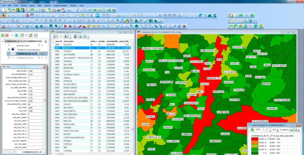 MapInfo Pro GIS software showing a thematic choropleth map next to an attribute browser table