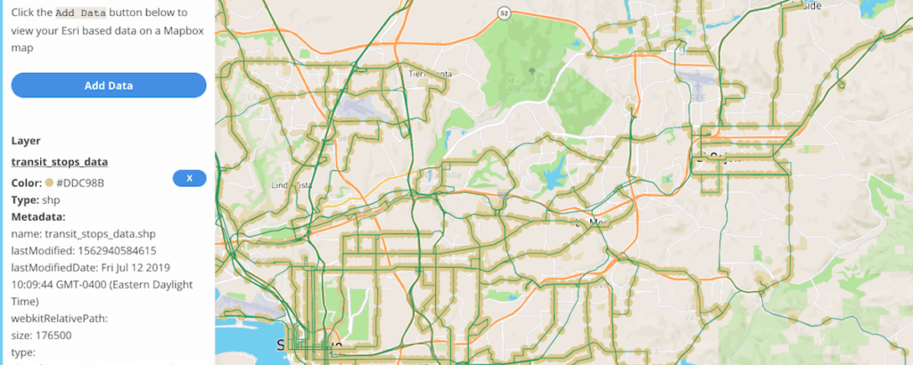 Mapbox map showing a transit stops layer uploaded as a shapefile over a street basemap