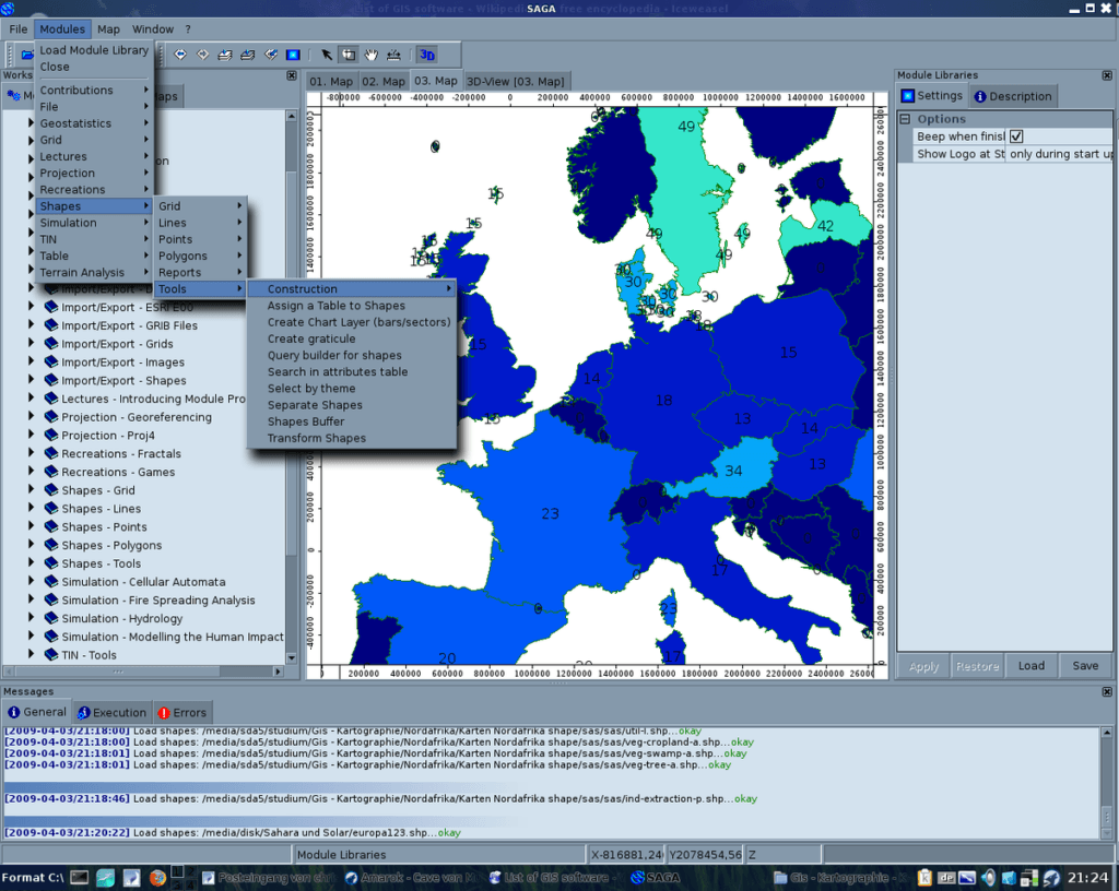 SAGA GIS software showing a choropleth map of Europe with the geoprocessing tools menu