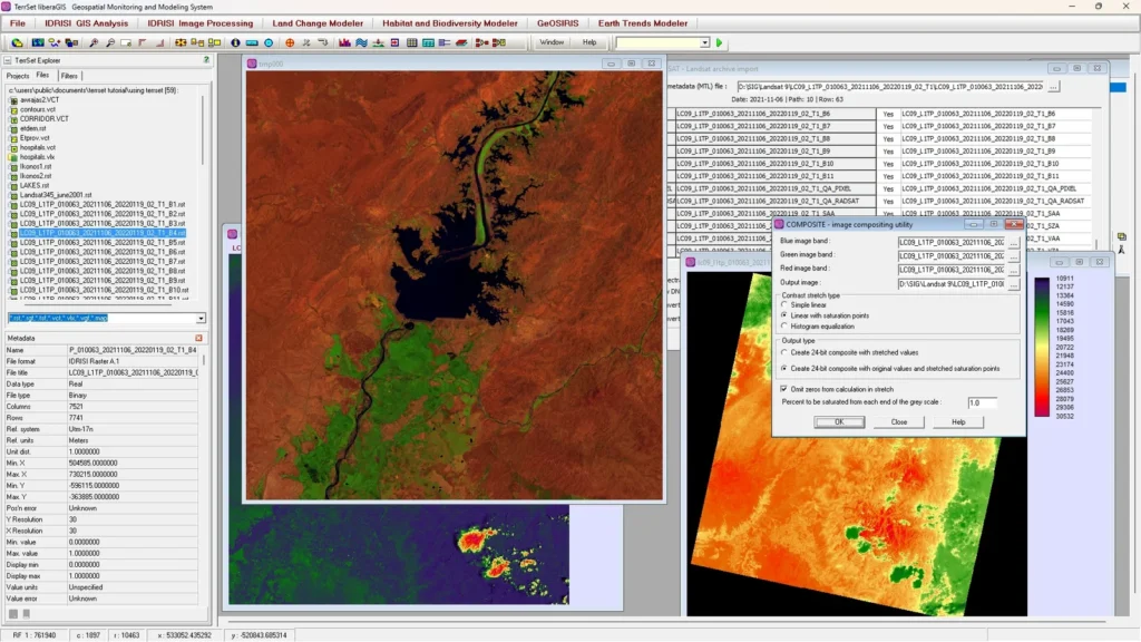 TerrSet liberaGIS showing classified satellite imagery and Earth Trends Modeler panels