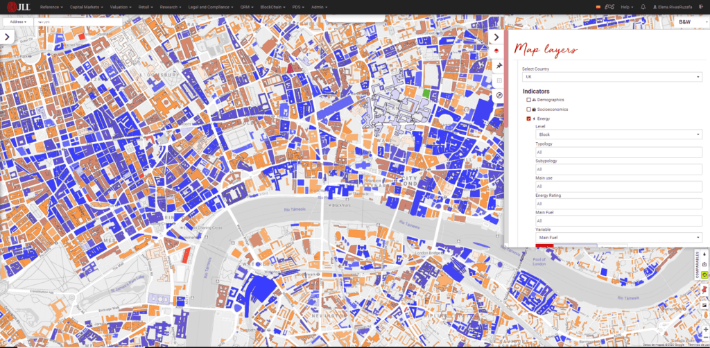 CARTO location intelligence map showing building footprints colored by category in a city
