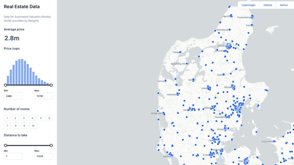 Atlas.co browser GIS showing real estate listings on a map with price and room filters