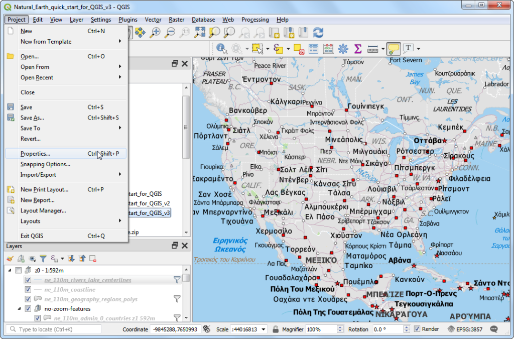 QGIS free GIS software with a Natural Earth world map and the Project menu open
