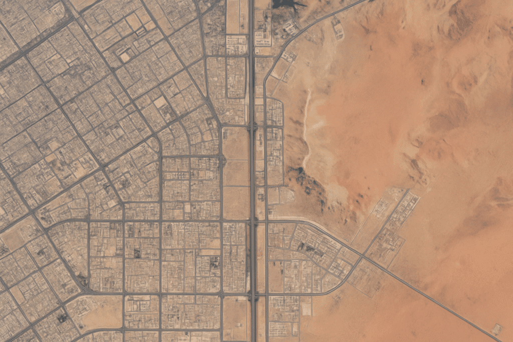 Satellite imagery of desert city expansion used for zoning enforcement and land use change detection