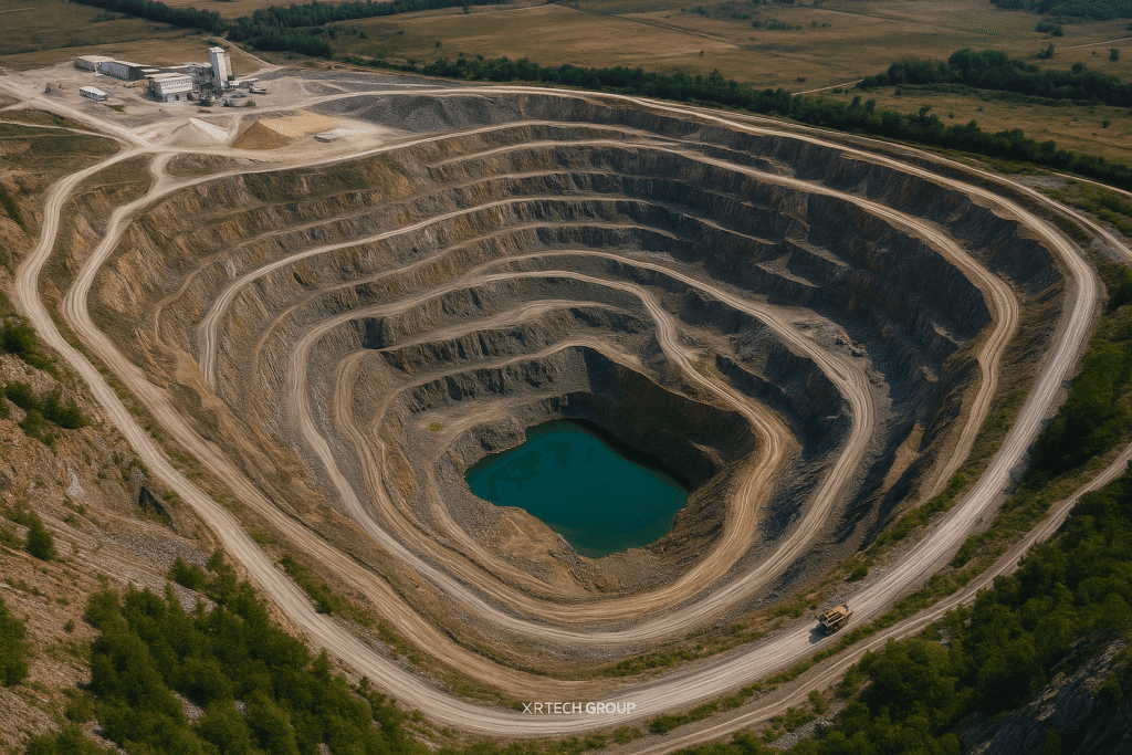 High-resolution optical satellite image of an open-pit mine with benches, haul roads and a pit lake