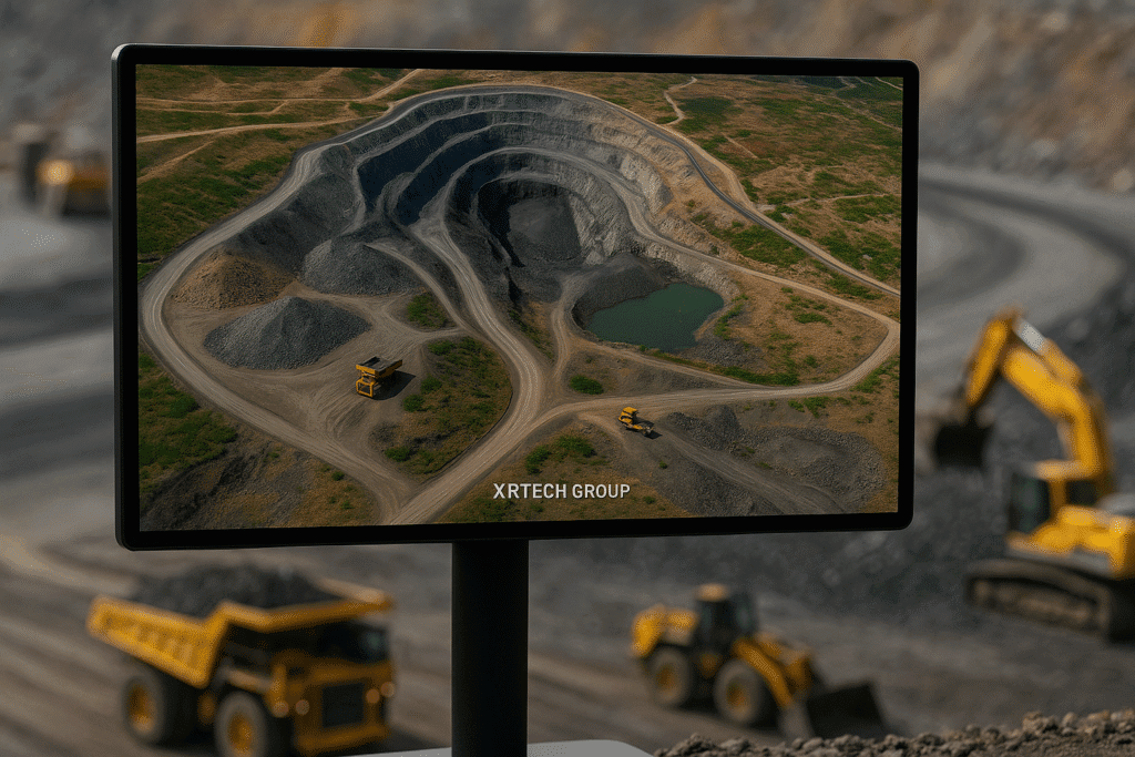 Satellite monitoring display showing an open-pit mine and tailings area at an active mine site