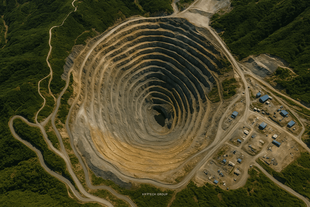 Aerial view of a remote open-pit mine surrounded by forest