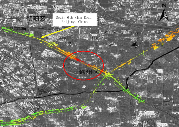 SAR image showing transportation facility deformation monitoring.