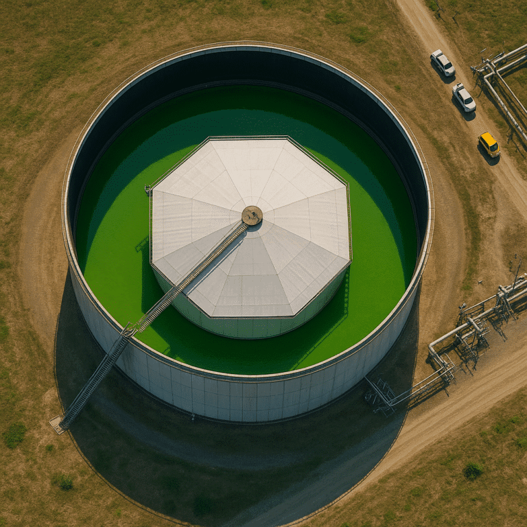 Close-up satellite view of a floating roof crude oil storage tank