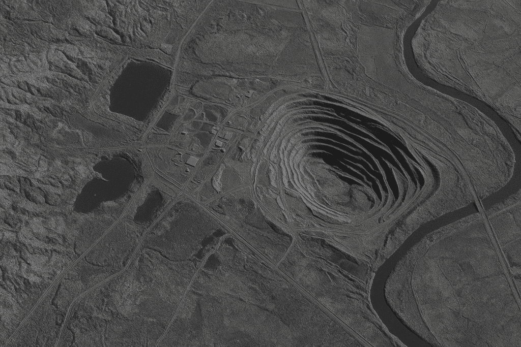SAR satellite image of an open-pit mine and surrounding terrain