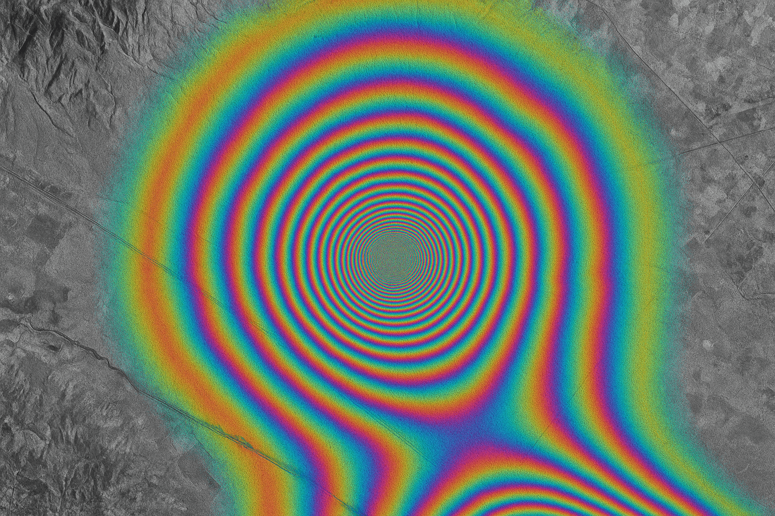 Example of an InSAR image showing a color map of ground deformation.