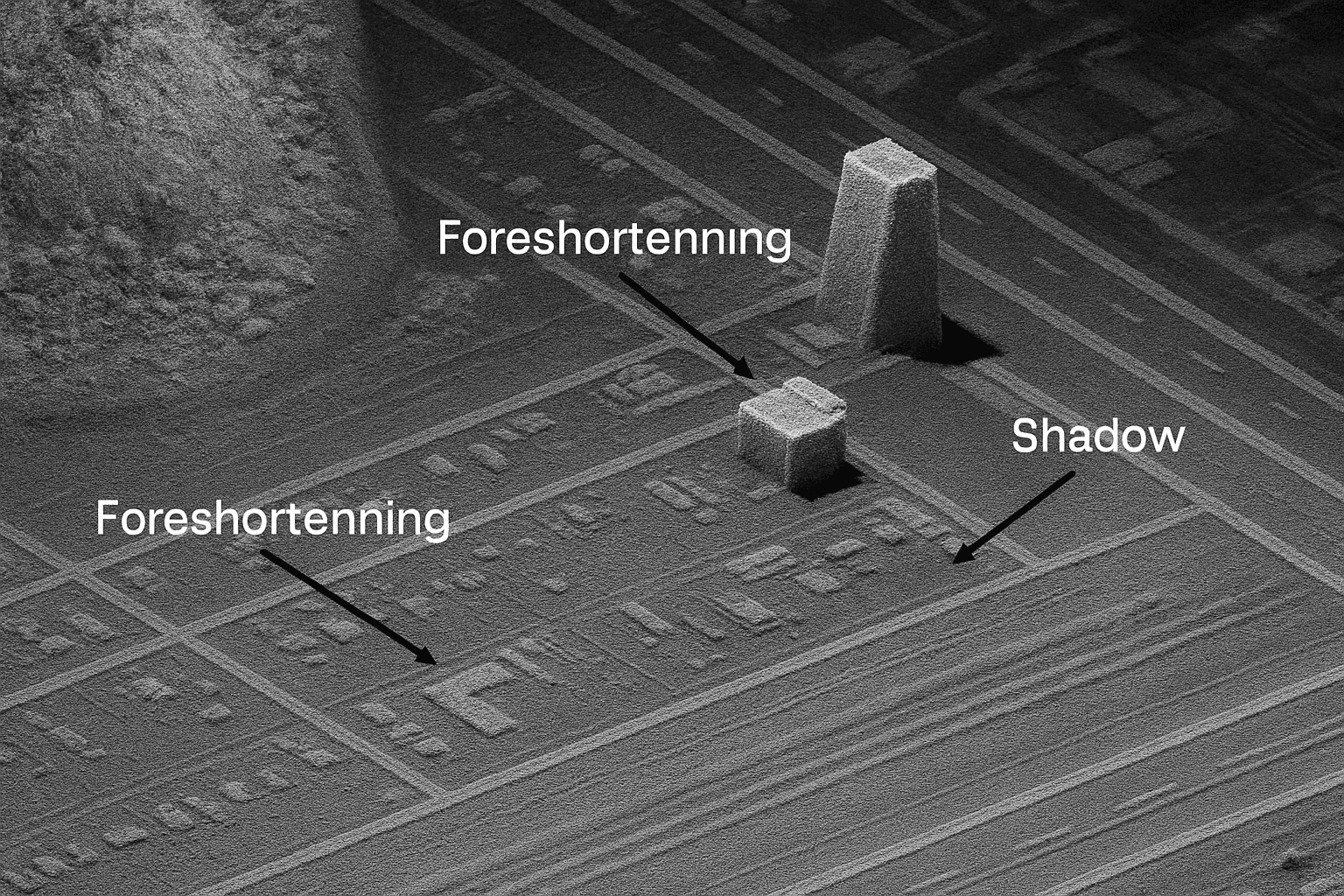 Image showing geometric distortions like foreshortening, layover, and shadows in SAR imagery.