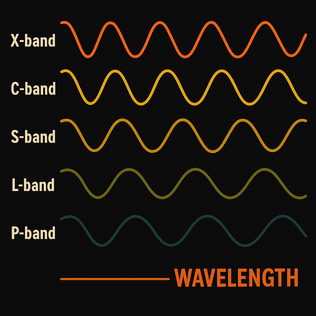 Chart showing different SAR wavelengths and their penetration depths into various materials.