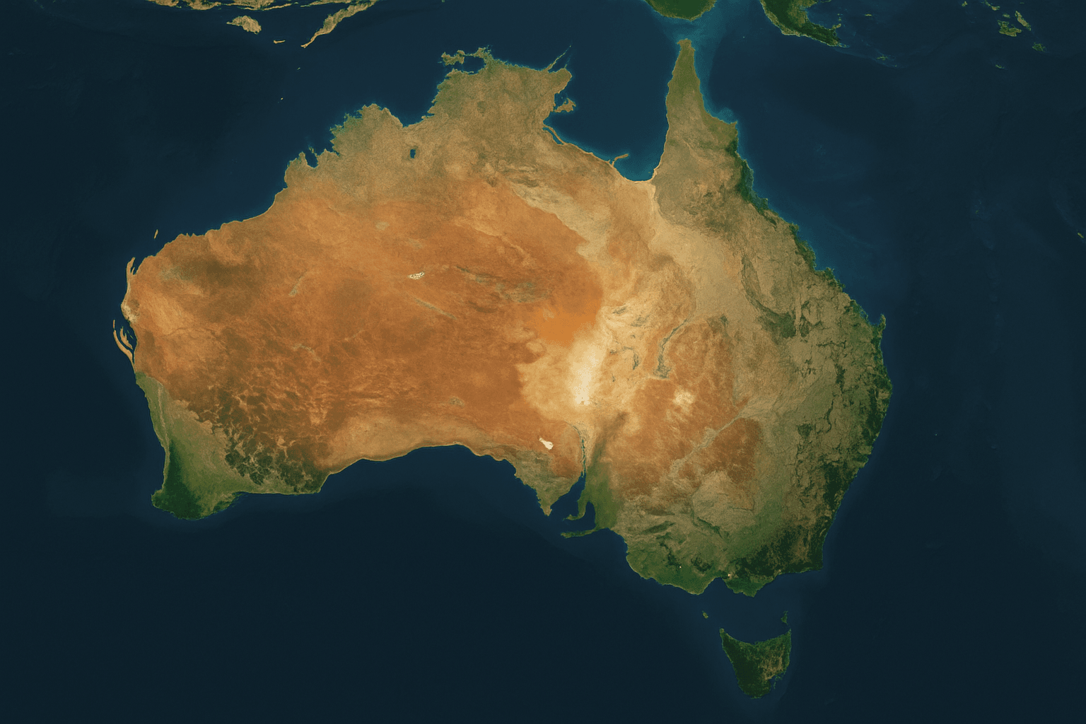 A high-resolution satellite view of Australia from space. The satellite image highlight geographical features such as the Great Barrier Reef, desert interiors, coastal cities like Sydney and Perth, and lush green regions. showcase Australia’s diverse terrain from space, with natural color balance and clear detail.
