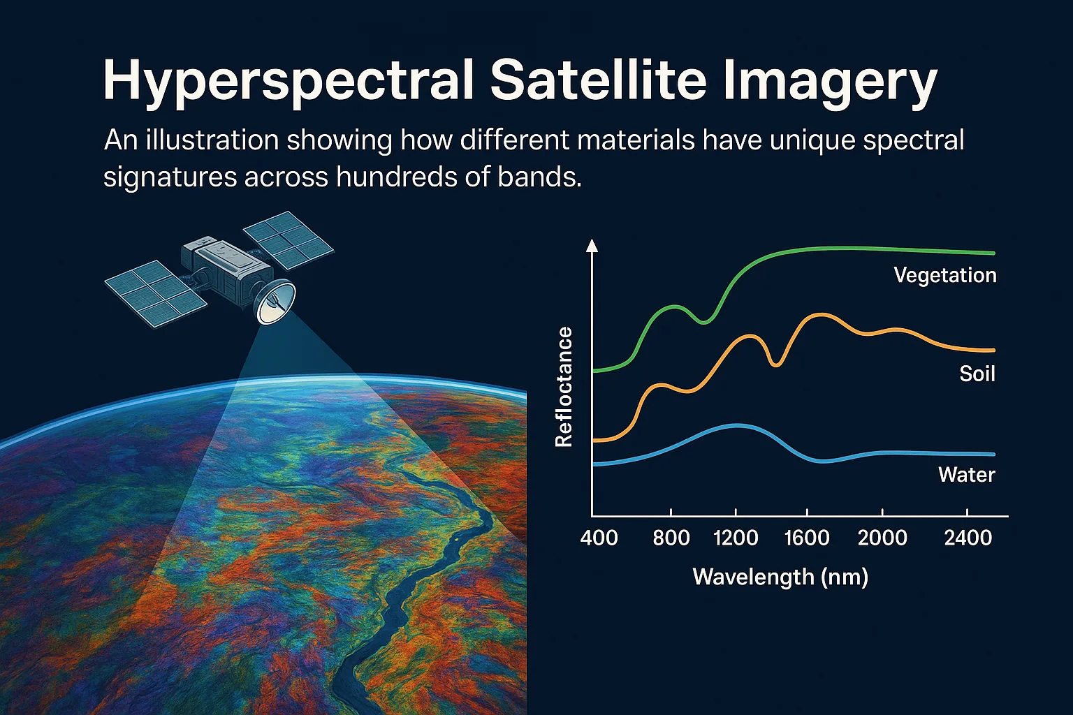 An illustration showing how different materials have unique spectral signatures across hundreds of bands.