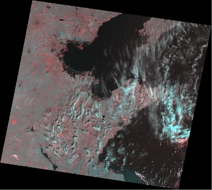 Sample wide-swath optical imagery from the HJ-1 constellation showing regional land cover.