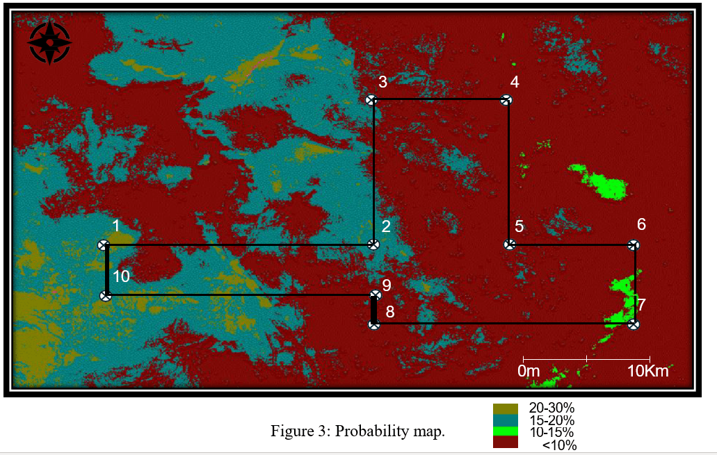 A color-coded map showing gold probability ranging from low (blue) to high (red).