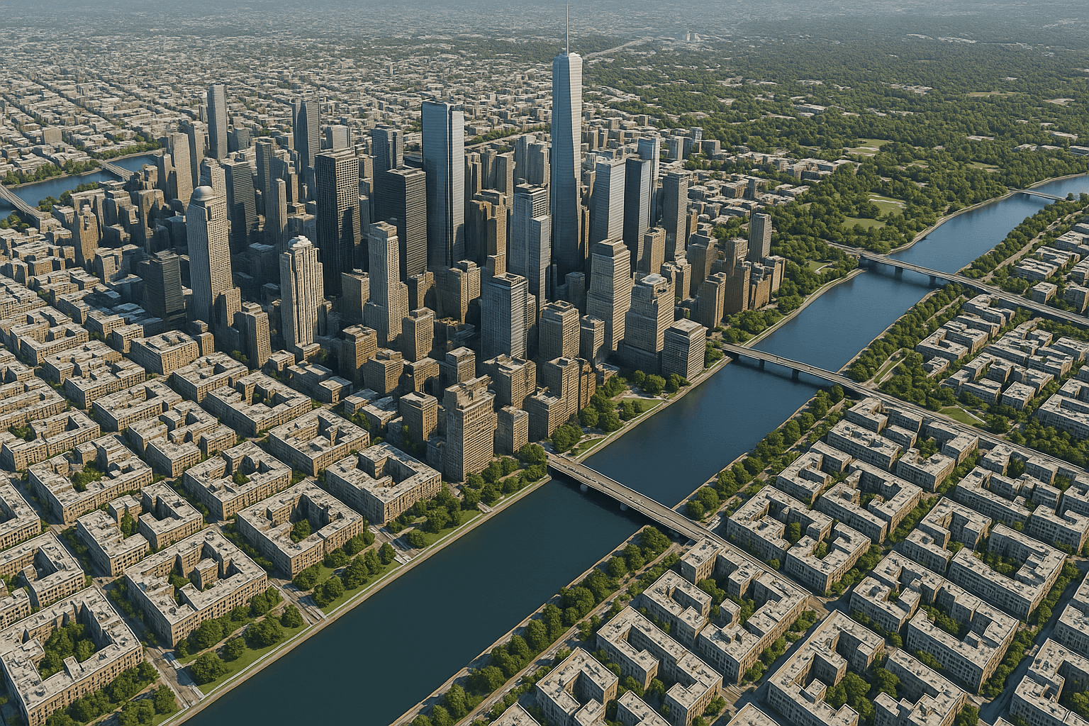 A digital twin representation of a city with data overlays.