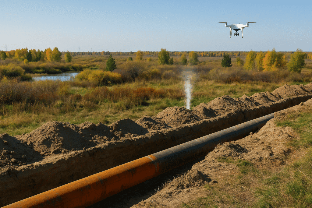Oil and gas pipeline corridor under remote inspection for damage, ground movement and leaks