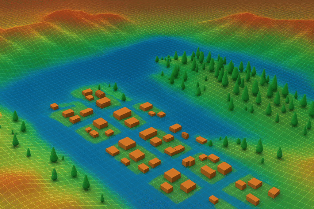 3D surface model of buildings and terrain used for flood risk and massing analysis