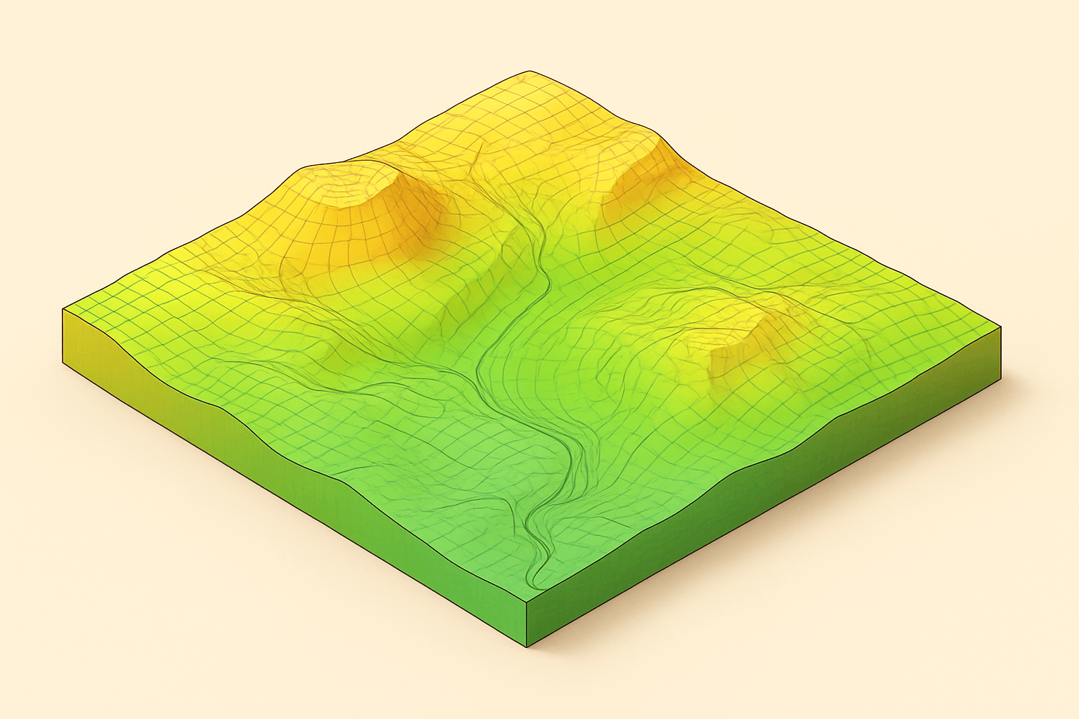 An illustration showing a Digital Terrain Model as a bare-earth surface.