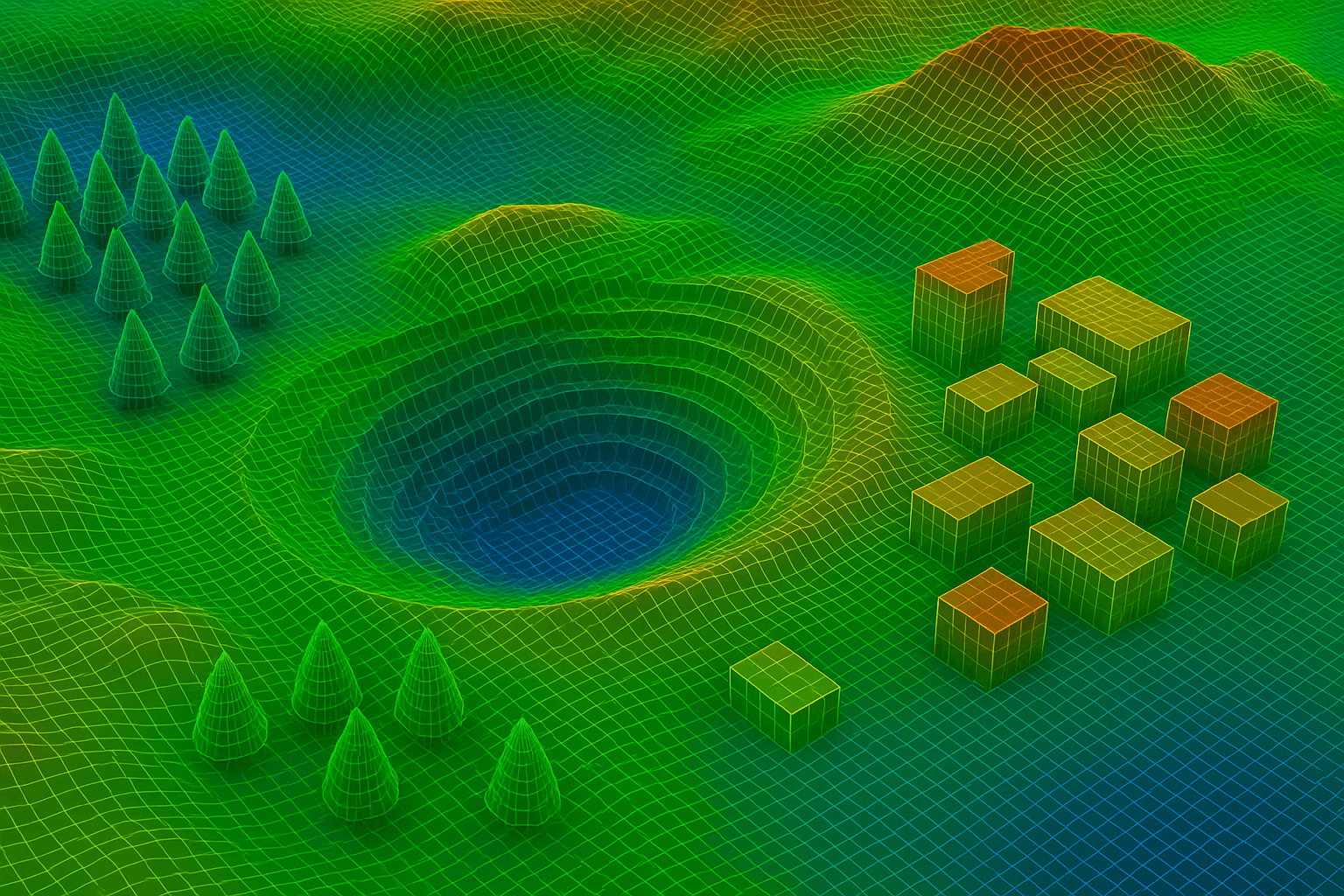 An illustration of a Digital Surface Model showing terrain, trees, and buildings.