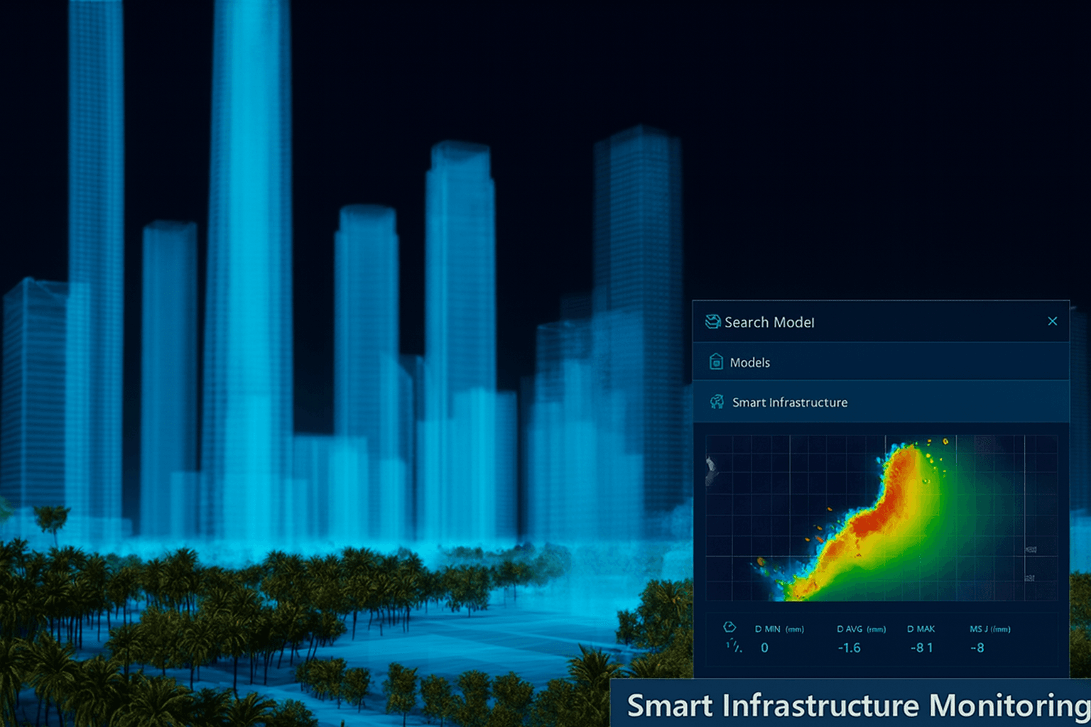Digital twin showing deformation data on a bridge.