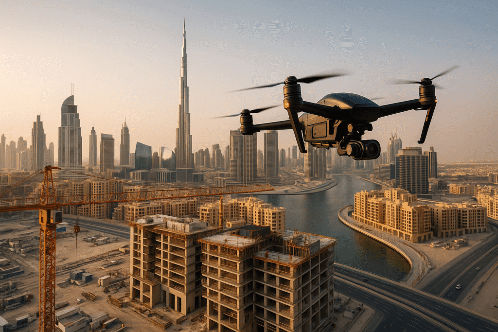 Aerial view of high-rise construction with tower cranes, used to illustrate satellite construction monitoring