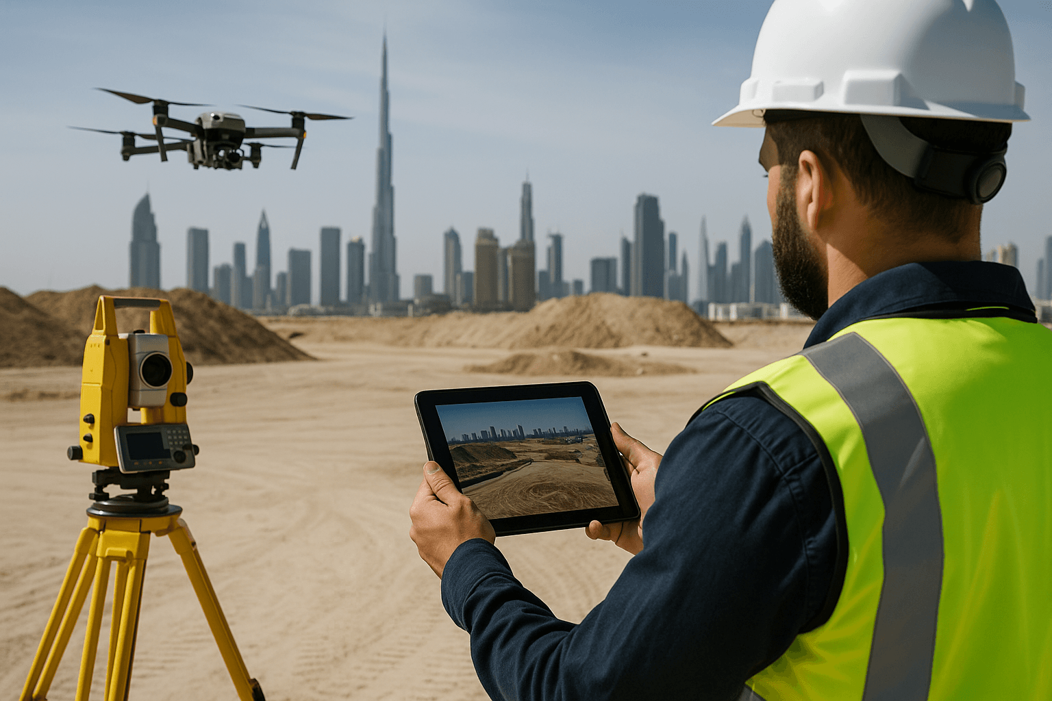 A drone flying over a Dubai construction site, symbolizing advanced surveying technology.