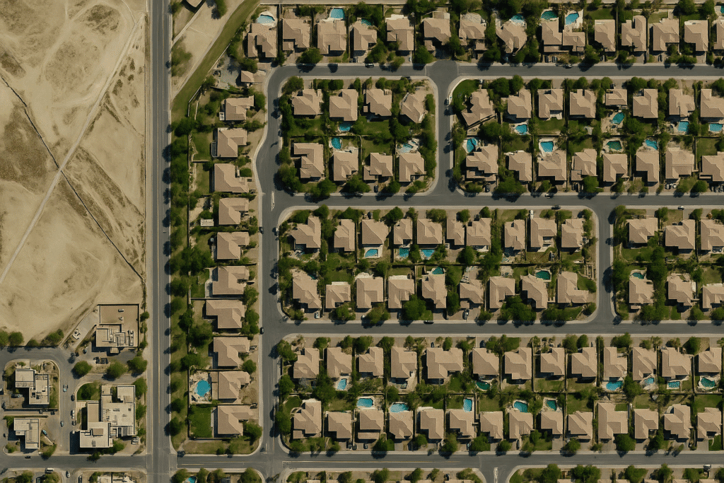 High-resolution satellite view of a villa community showing individual houses, pools, driveways and roads