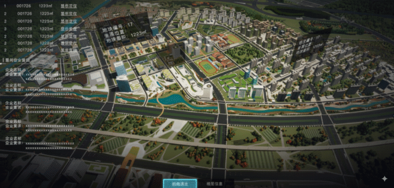 Digital twin platform showing a holographic 3D scene of a smart city