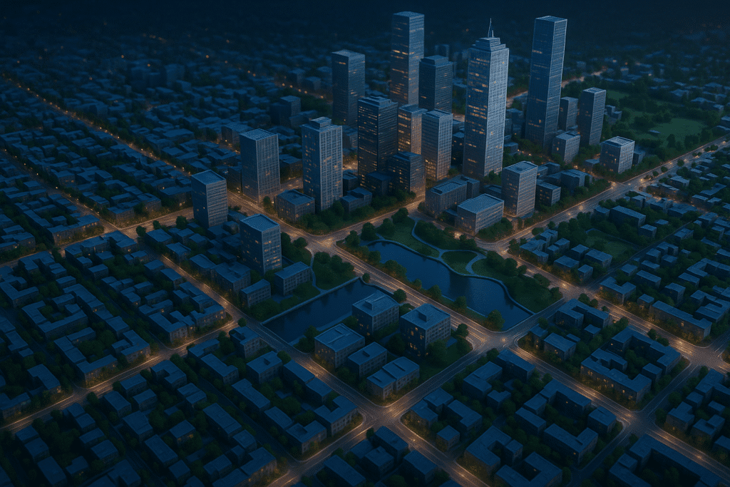 3D city model at night with high-rise towers, street grid, parks and a lake, the kind of scene built in 3D city modeling software