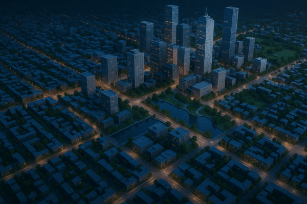 3D city model at night with high-rise towers, street grid, parks and a lake, the kind of scene built in 3D city modeling software