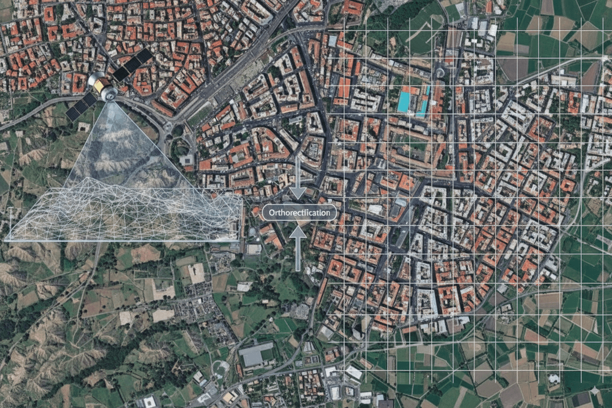 Illustration showing the transformation from raw satellite imagery to a corrected Digital Orthophoto Map.