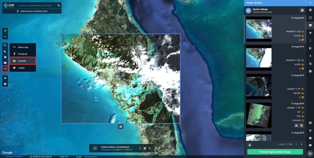 EOSDA LandViewer scene search over the Bahamas with the share map menu open