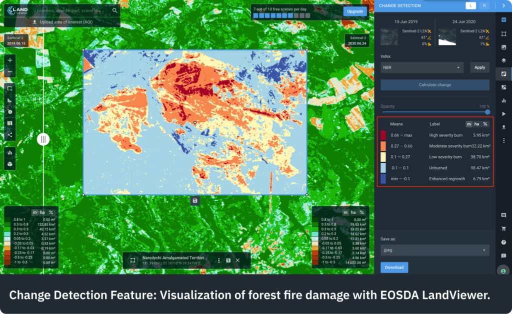 EOSDA LandViewer change detection showing burn severity classes after a forest fire