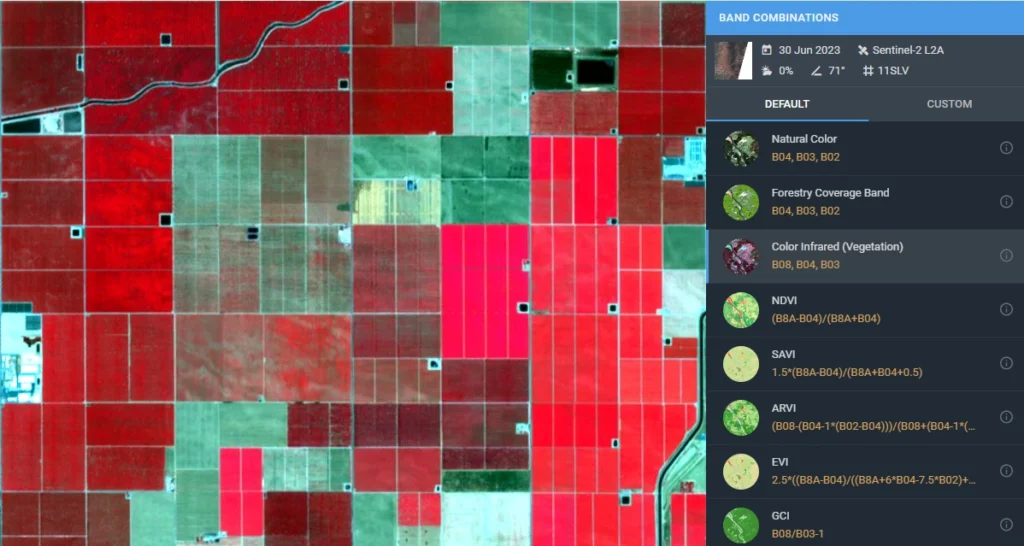 EOSDA LandViewer band combinations panel with NDVI, SAVI, ARVI, EVI and GCI indices