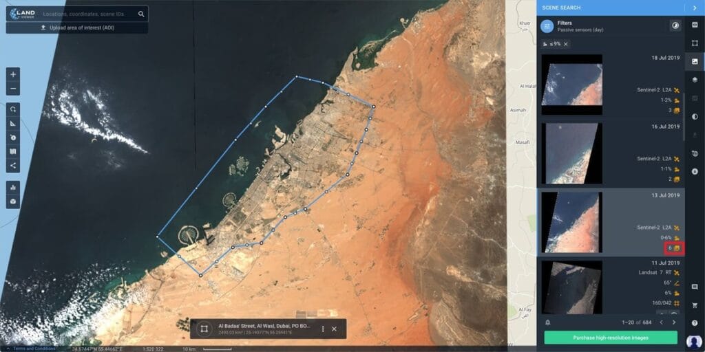 EOSDA LandViewer archive scene search over Dubai with Sentinel-2 results listed by date