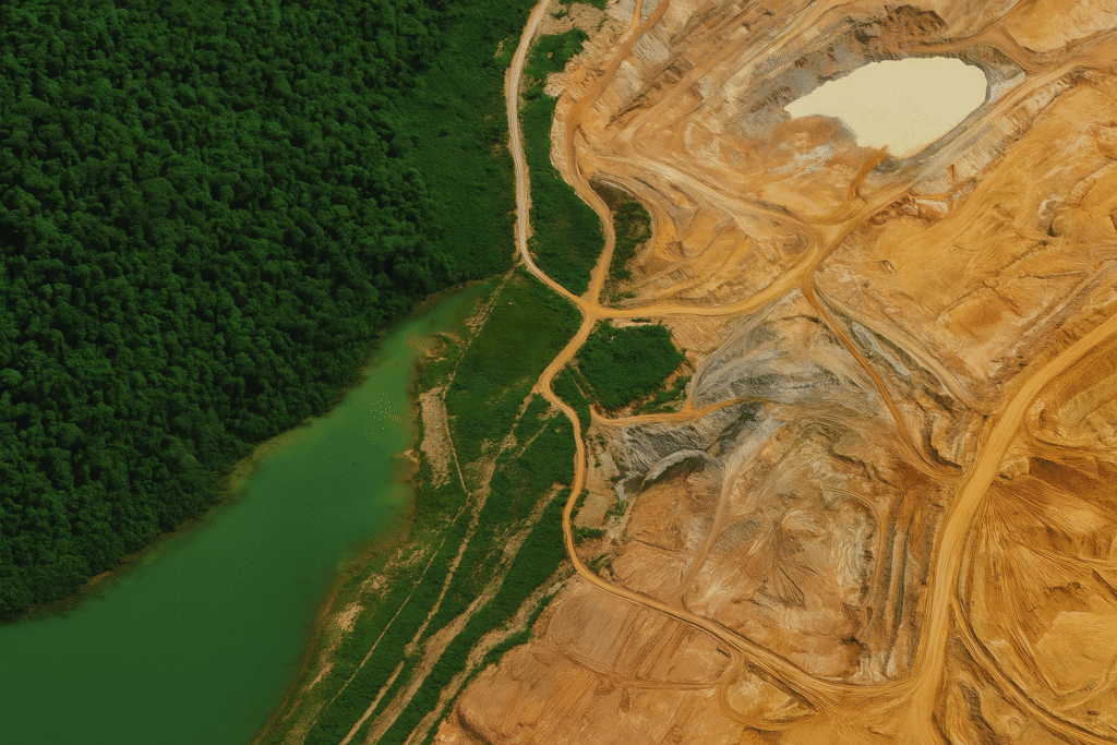 Satellite view of mine water, disturbed ground and surrounding vegetation used for tailings environmental monitoring