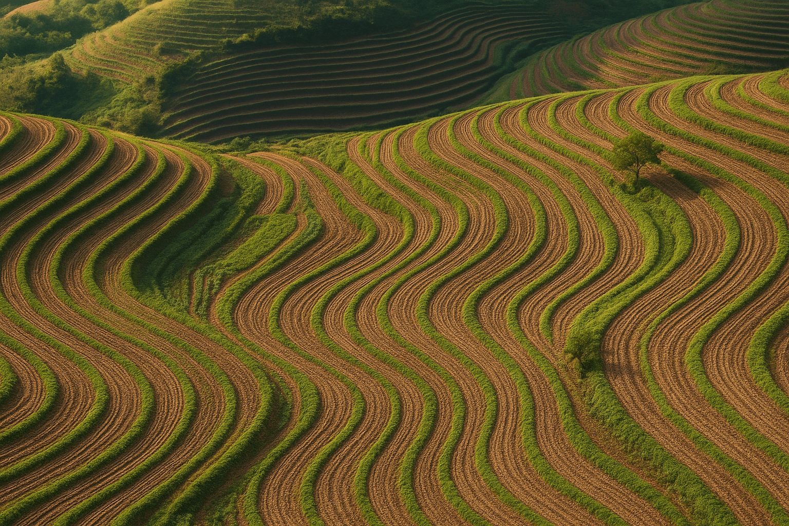 Illustration of contour plowing on a gentle slope.