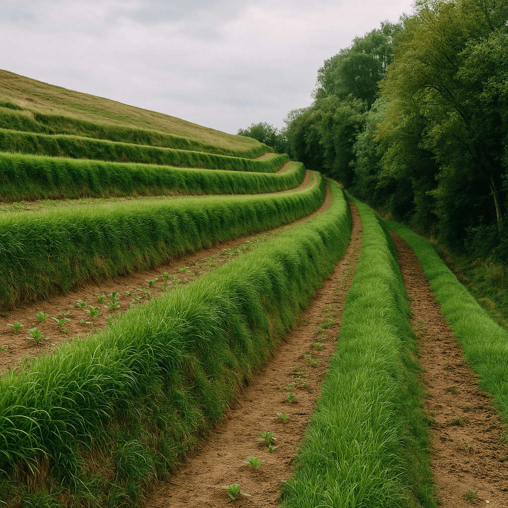 Illustration of terraces with grass-covered risers for stability.