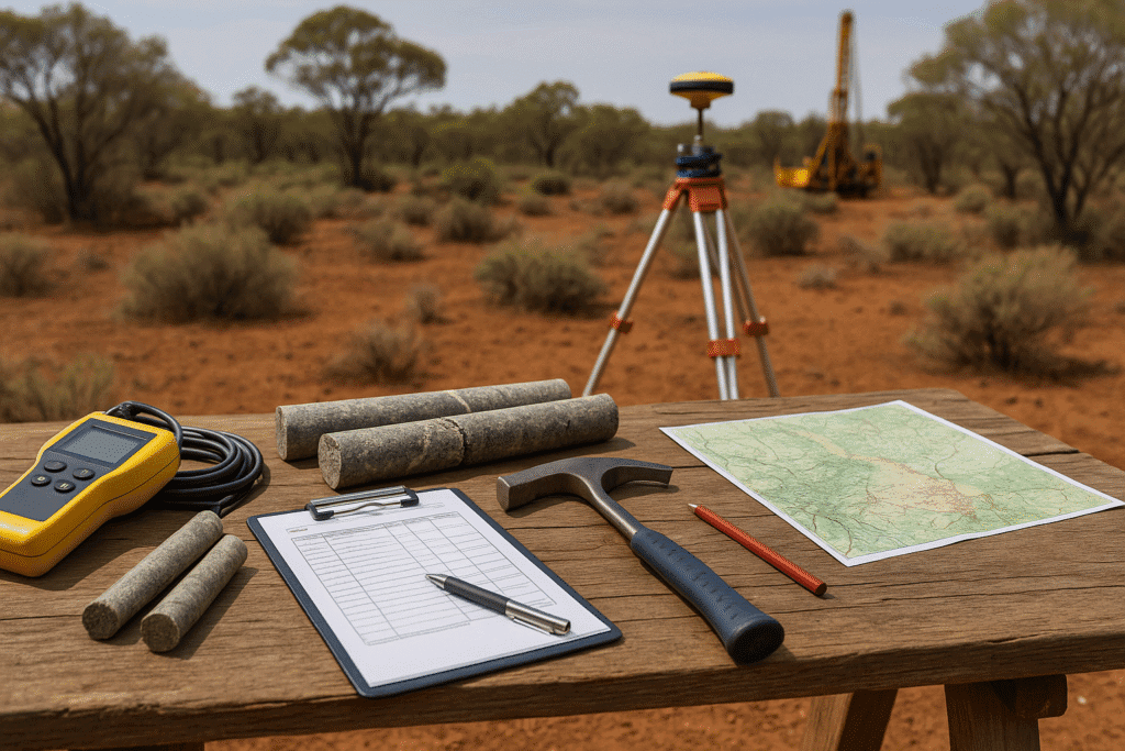 Field survey equipment and inspection notes used for manual mine site inspections