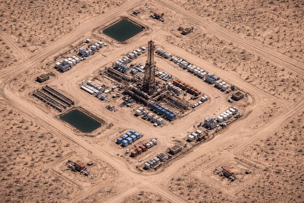 Aerial satellite view of a desert oil drilling pad with rig, storage units and access roads