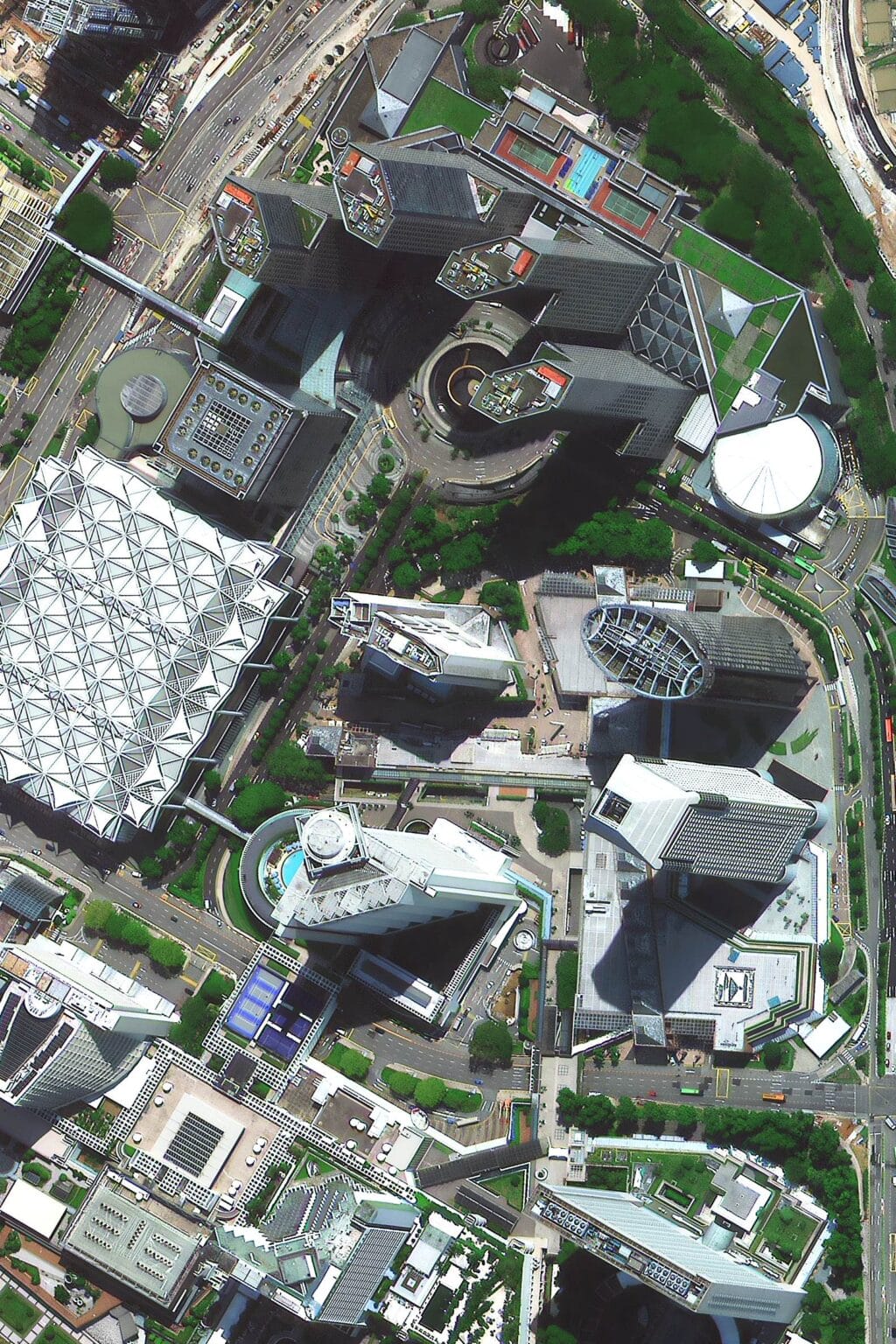 Fountain of Wealth Suntec City Singapore 30cm high resolution satellite imagery — sub-metre optical earth observation data showing landmark detail — buy satellite imagery from XRTech Group